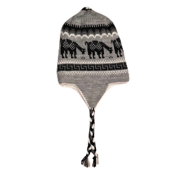 Bolivian Earflap Chullo Kint Hat Black Llama Designed Reversible Gray and White - Picture 3 of 9